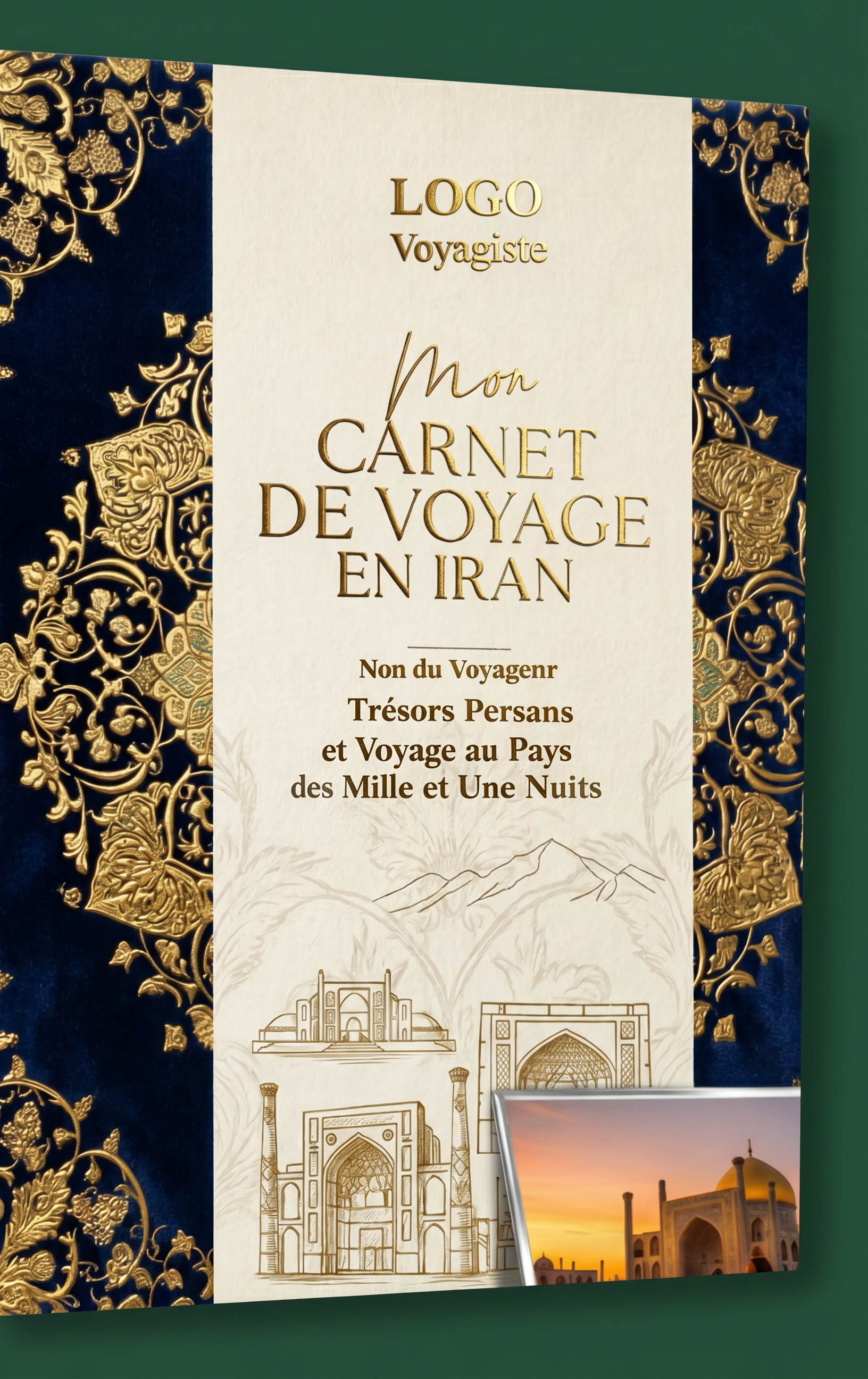 Couverture de carnet de voyage en Iran personnalisable à la marque du voyagiste, style velours et broderies dorées