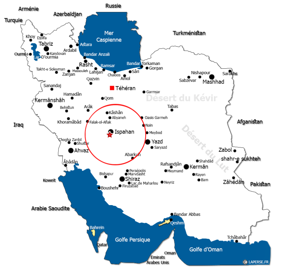 Carte de l'Iran situant Ispahan, au centre du pays