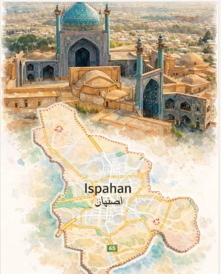 Plan illustré d’Ispahan et vue de la mosquée de l’Imam