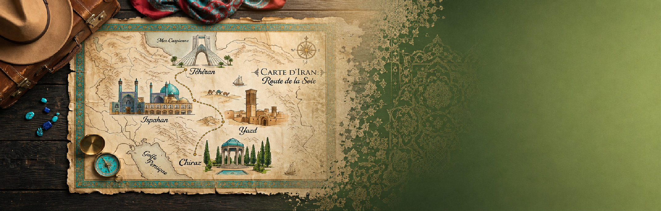 Carte illustrée de l'Iran, Route de la Soie, avec Téhéran, Ispahan, Yazd et Chiraz