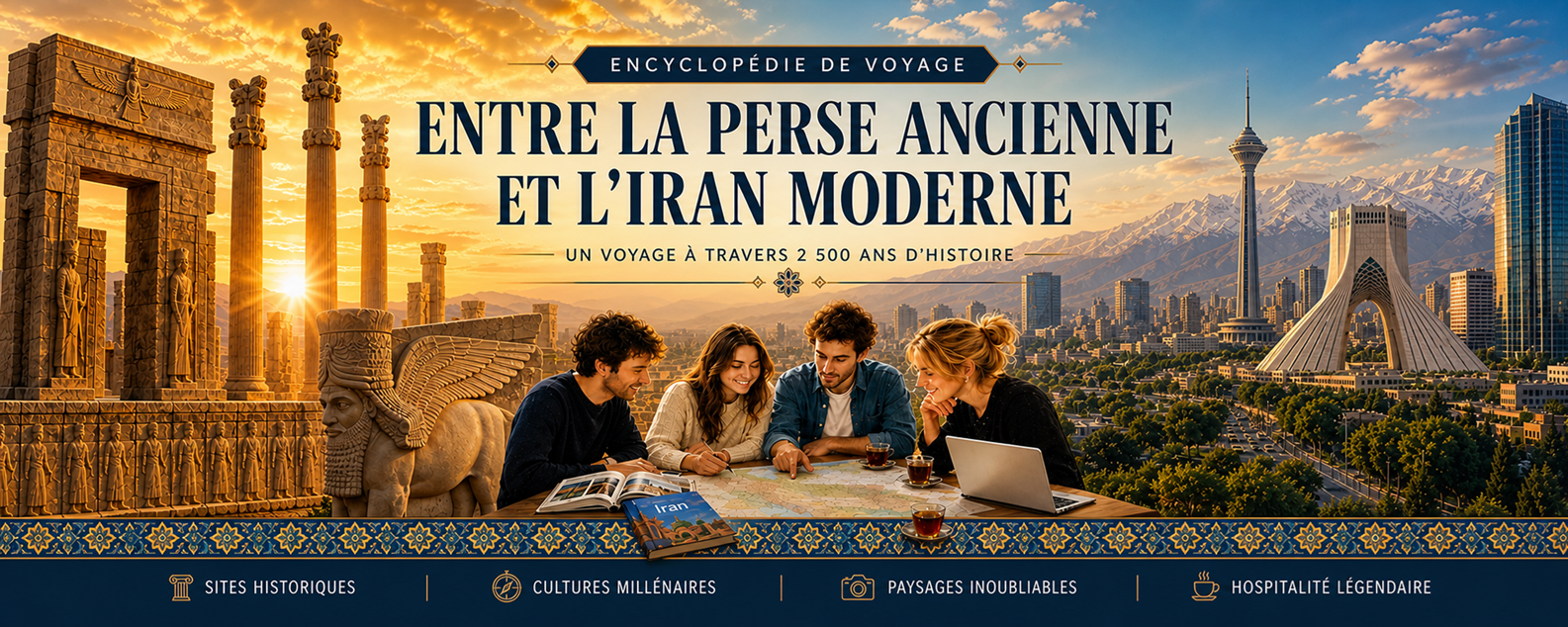 Entre la Perse Ancienne et l'Iran Moderne — Encyclopédie de voyage : ruines de Persépolis au coucher du soleil et skyline de Téhéran avec la tour Azadi