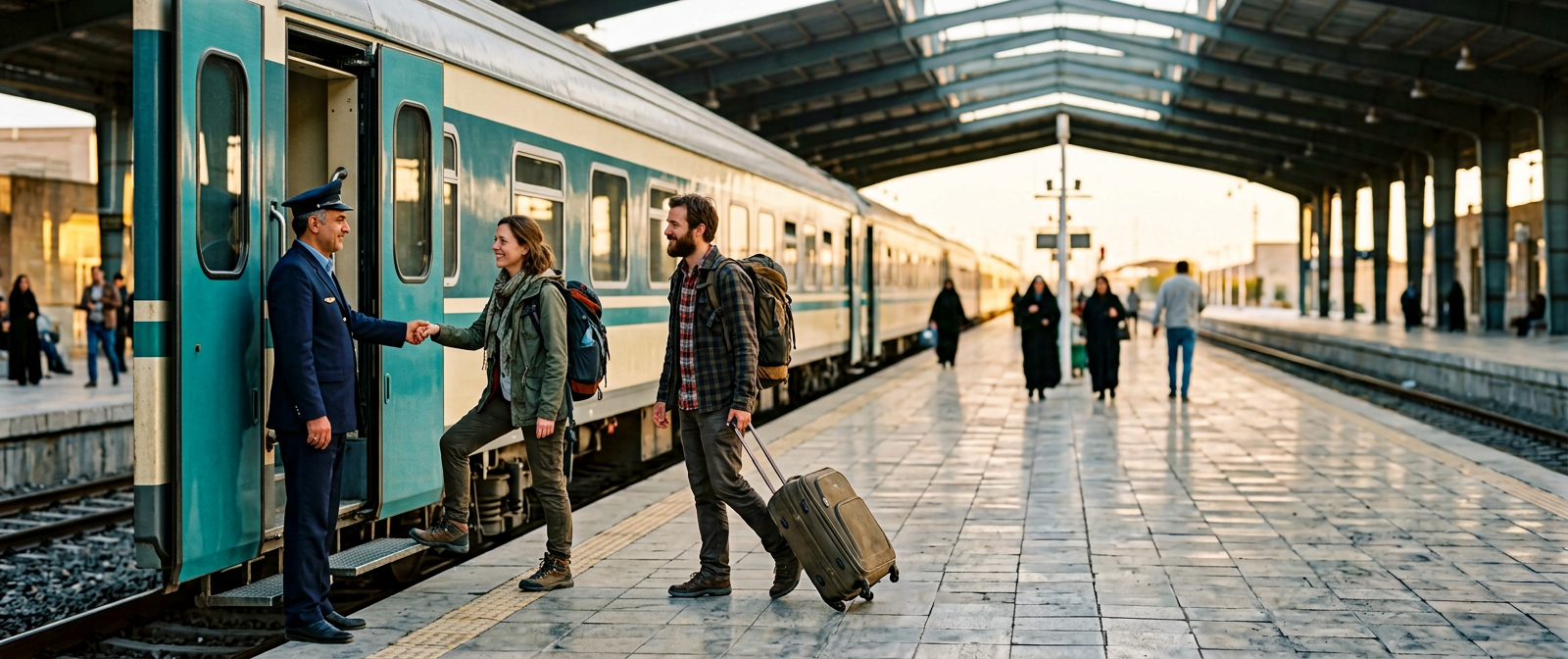 Voyageurs occidentaux montant à bord d'un train interurbain iranien sur le quai d'une gare au coucher du soleil