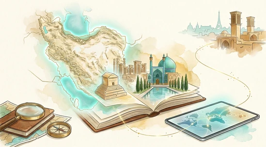 Un grand livre ouvert au centre d’une scène illustrant l’architecture, les jardins, les arts et l’artisanat de l’Iran