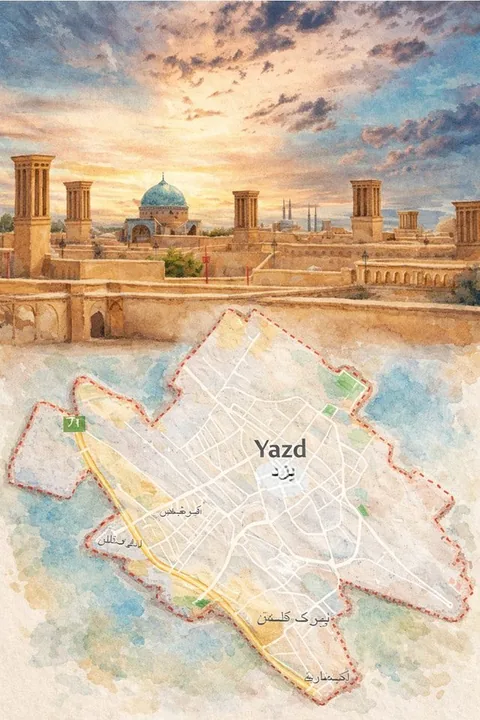 Yazd — vue et plan de ville