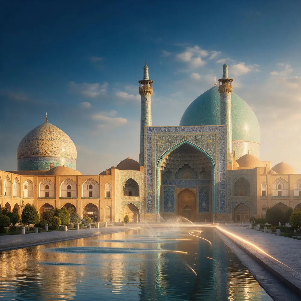 La mosquée de l'Imam et ses dômes turquoise sur la place Naghsh-e Jahan à Ispahan, avec son bassin au soleil couchant