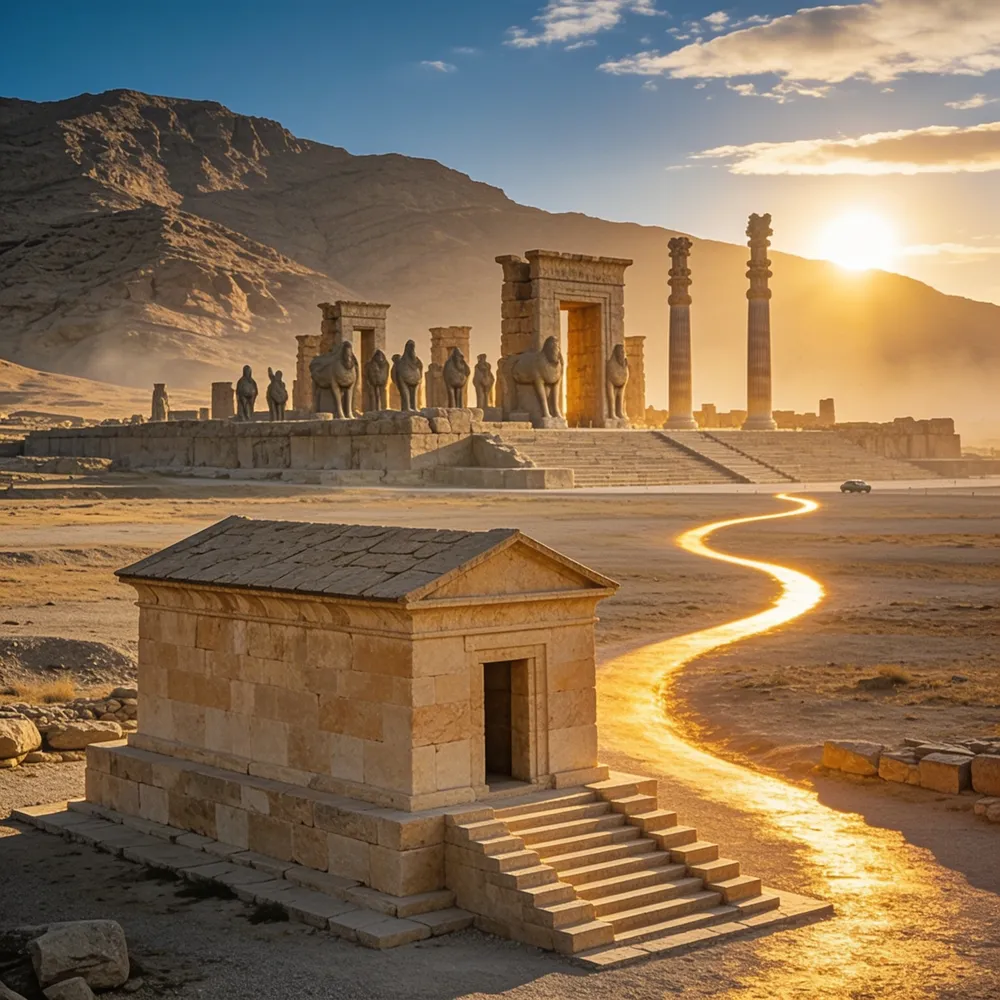 Le tombeau de Cyrus à Pasargades et la porte de Persépolis au coucher du soleil, reliés par une route dorée
