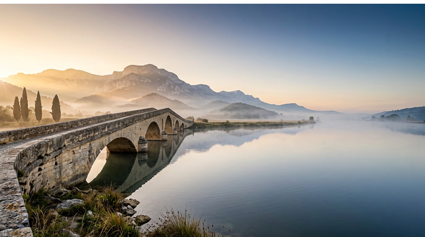 Ancien pont de pierre enjambant une rivière dans la brume du matin, cyprès et montagnes dorées au lever du soleil