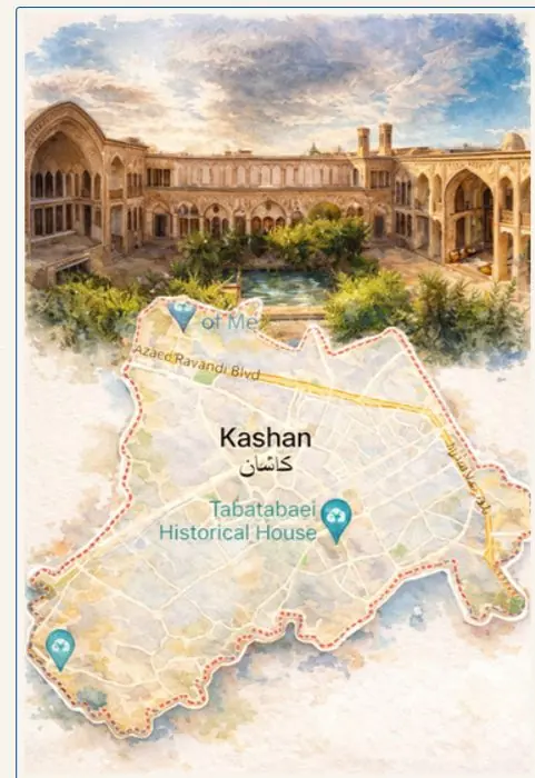 Affiche aquarelle de Kashan : monument emblématique et plan de la ville