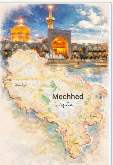 Affiche aquarelle de Mashhad : monument emblématique et plan de la ville