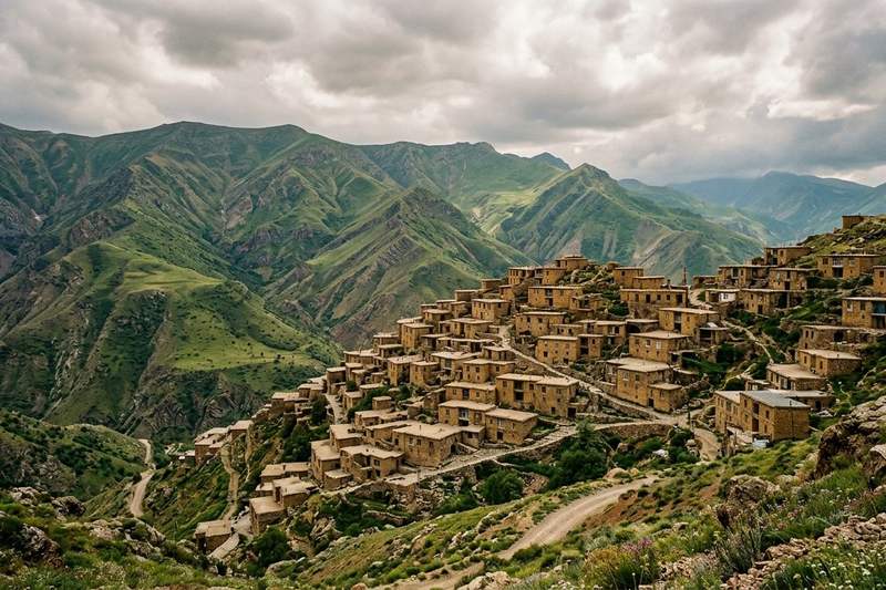 Village de pierre en terrasse dans les hautes terres du nord-ouest iranien