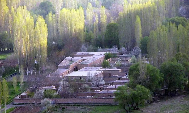 Maisons en terre d'Ista entourées de peupliers dans la vallée de Taleghan